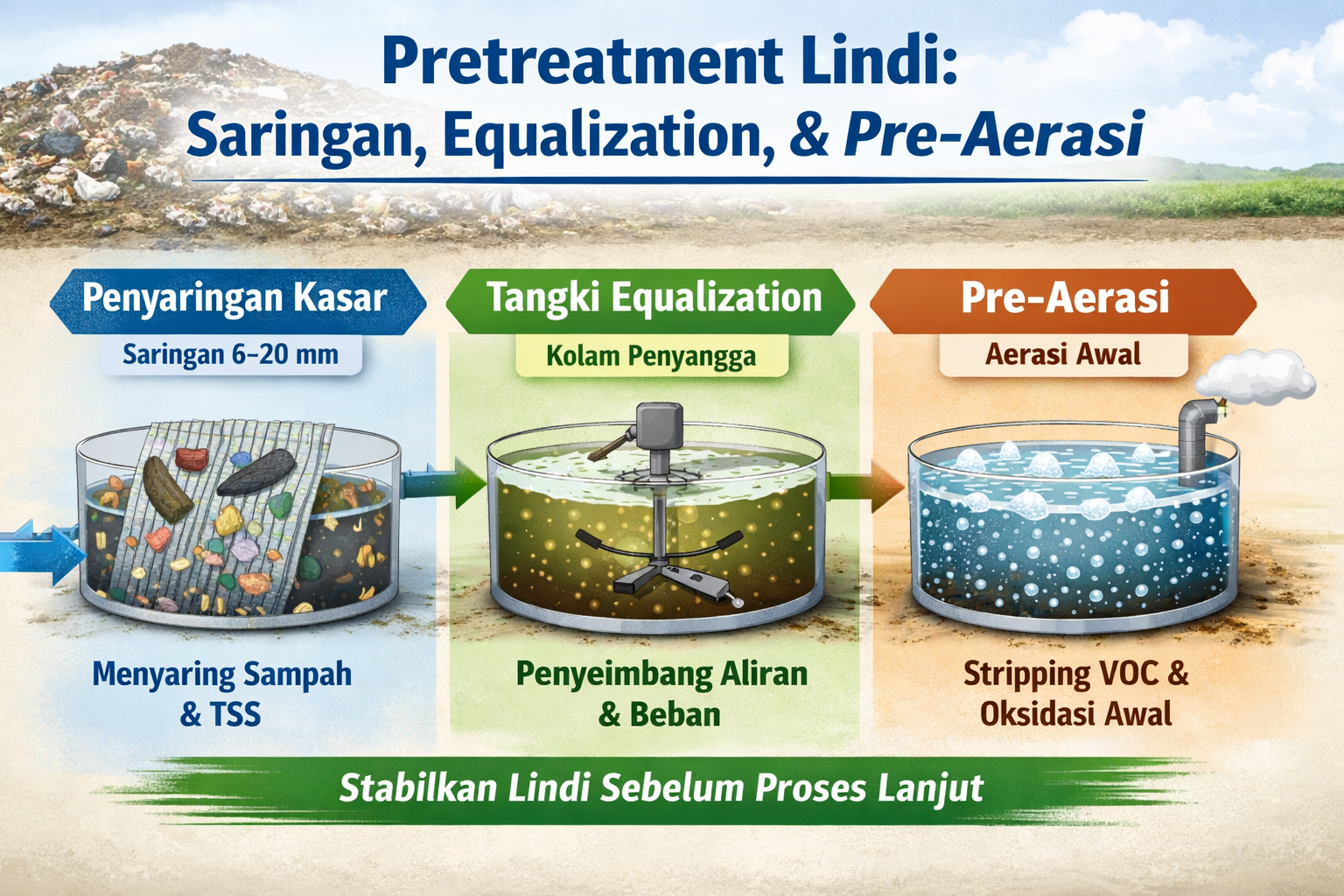 Pretreatment Lindi: Saringan, Equalization, dan Pre‑Aerasi yang Menentukan