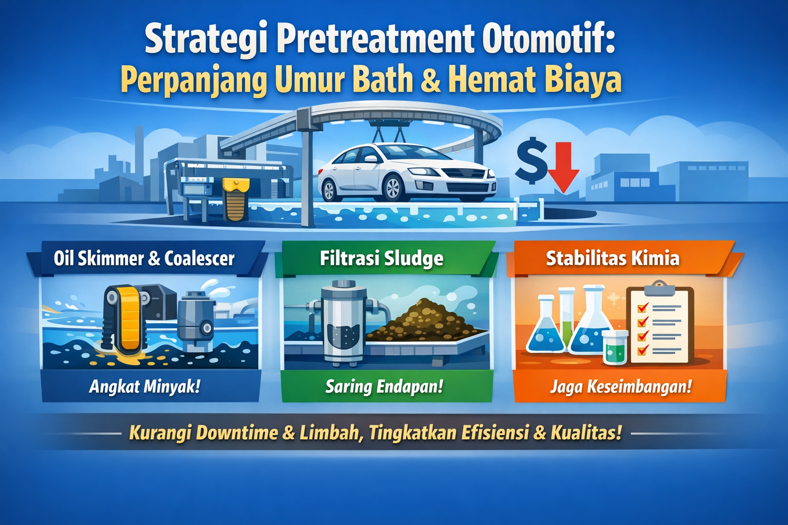 Optimasi Pretreatment Otomotif: Skimmer, Filtrasi & Stabilitas Kimia