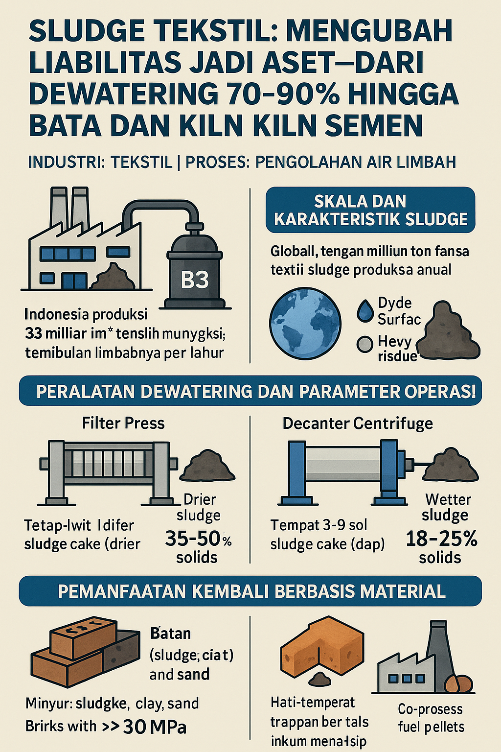 Sludge Tekstil: Mengubah Liabilitas Jadi Aset—Dari Dewatering 70–90% hingga Bata dan Kiln Semen