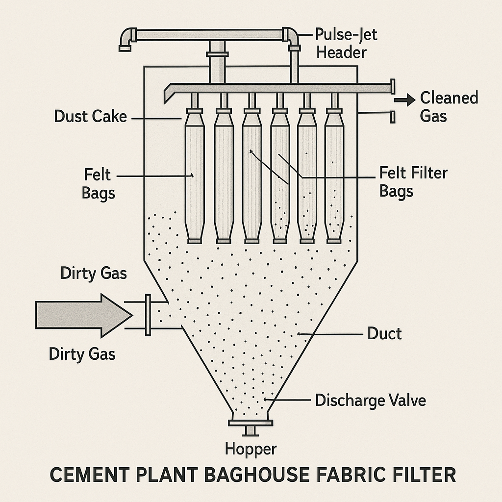 Baghouse Efisiensi Tinggi di Pabrik Semen: Dari Desain, Media Filter, hingga Ritme Pulse‑Jet